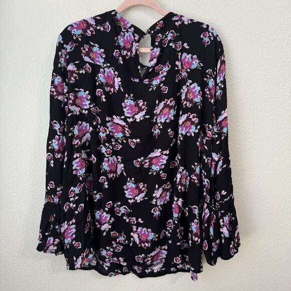 Lane Bryant Blouse Top Womens Size 22 Floral Flare Sleeve Hem Black Pink - Picture 2 of 10